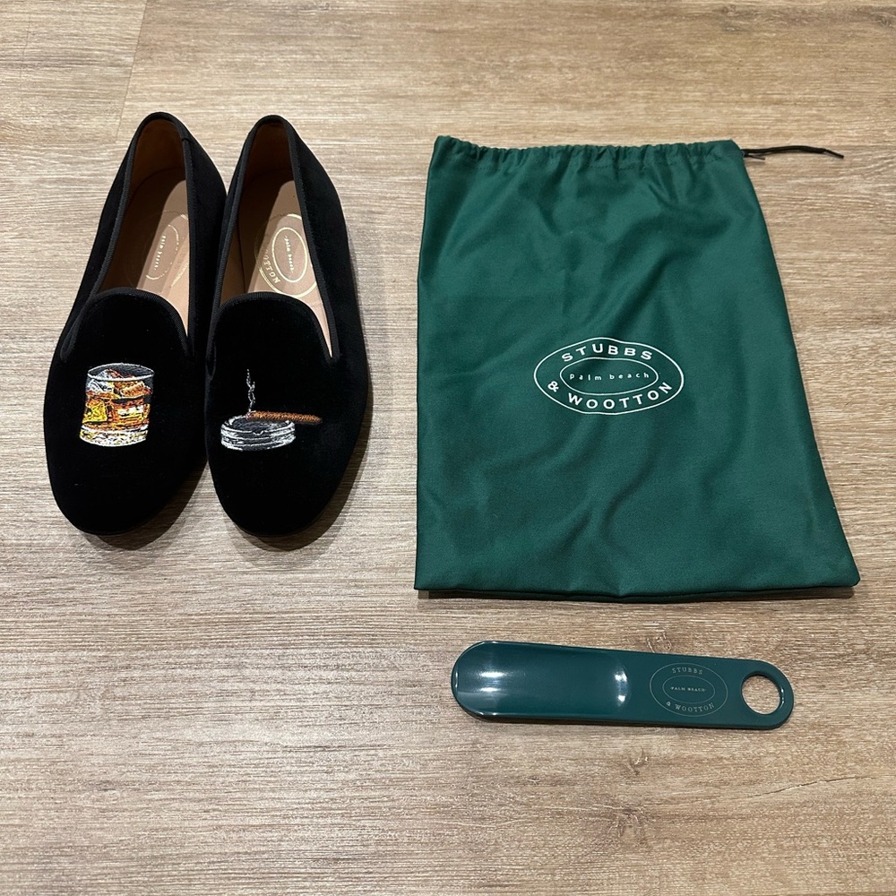 Stubbs & Wootton Black Velvet Embroidered Loafers